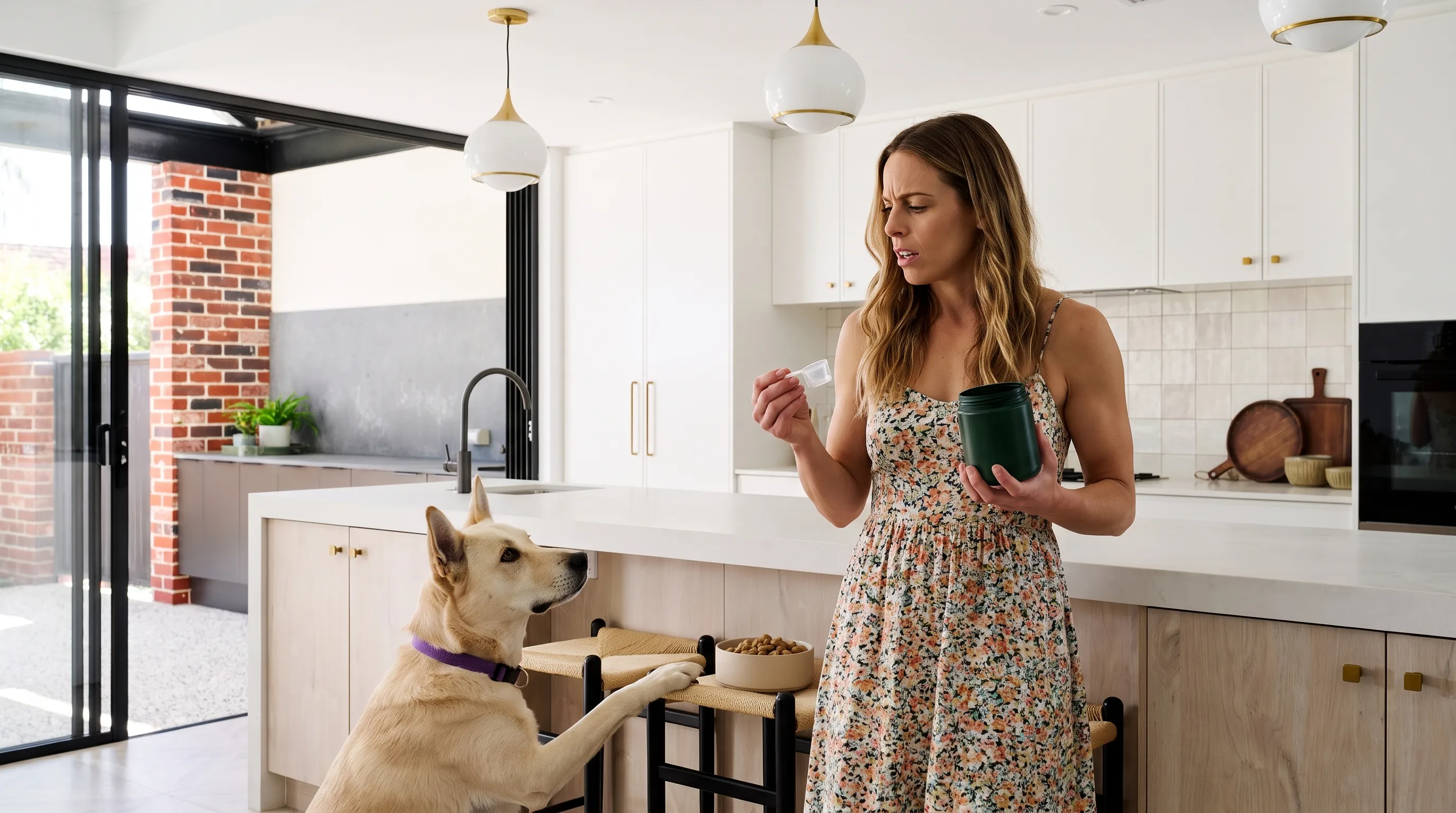 Standing in the kitchen with a jar and scoop for dog dental care